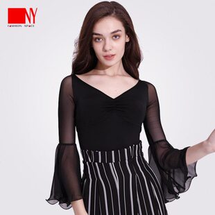 纳艺舞服新款 连体练功服吊带上衣国标舞摩登舞表演服 女大V领水袖