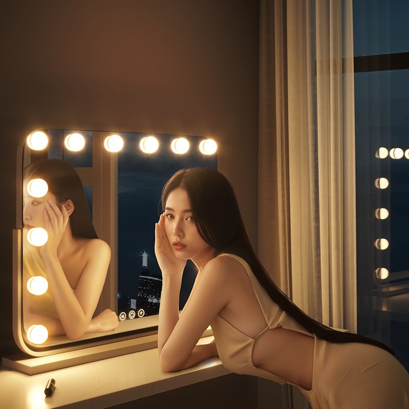 化妆镜带灯灯泡台式桌面梳妆镜大号智能专业补光镜梳妆台镜子