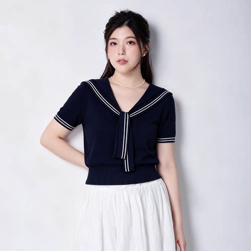 大码女装学院风冰丝针织衫女夏季设计感小众短袖胖mm短款宽松上衣
