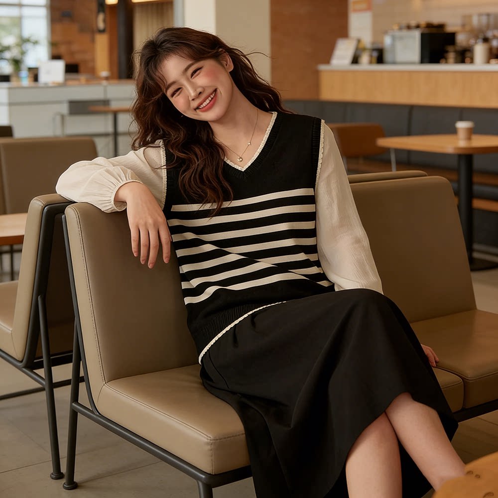 胖mm套头假两件v领冰丝针织衫2026早春新款文艺正肩显瘦上衣女510