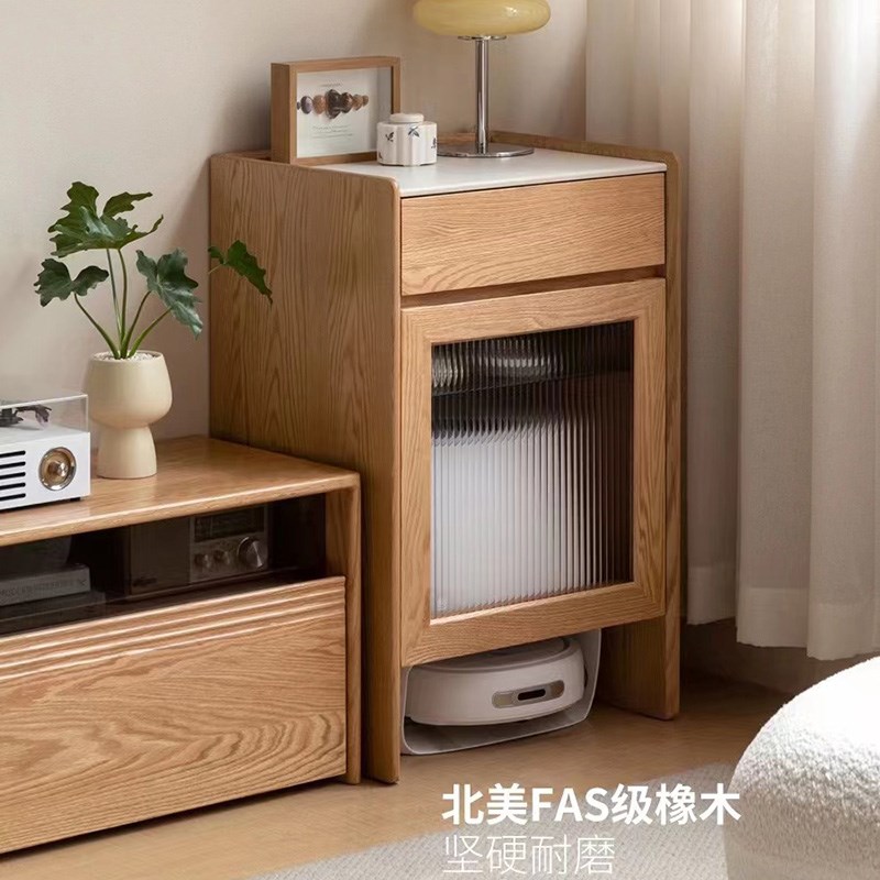 全实木扫地机器人收纳柜现代简约移动矮柜岩O板餐边柜原木置物架
