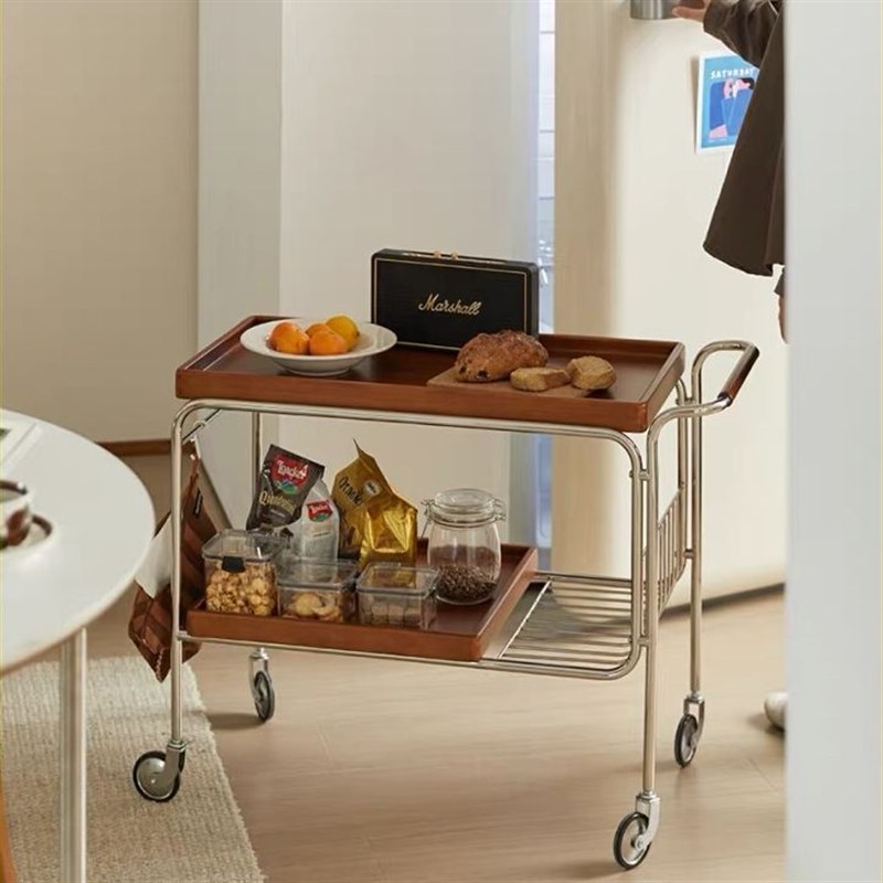 茶水小推车网红实l木沙发边几复古可移动茶几客厅边柜餐车置物架