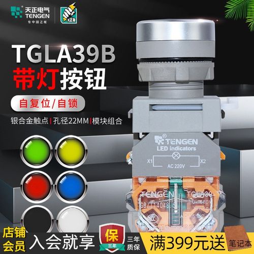 天正TGLA39B-11BND按钮开关带灯220V自复位平头开孔22MM启动停止