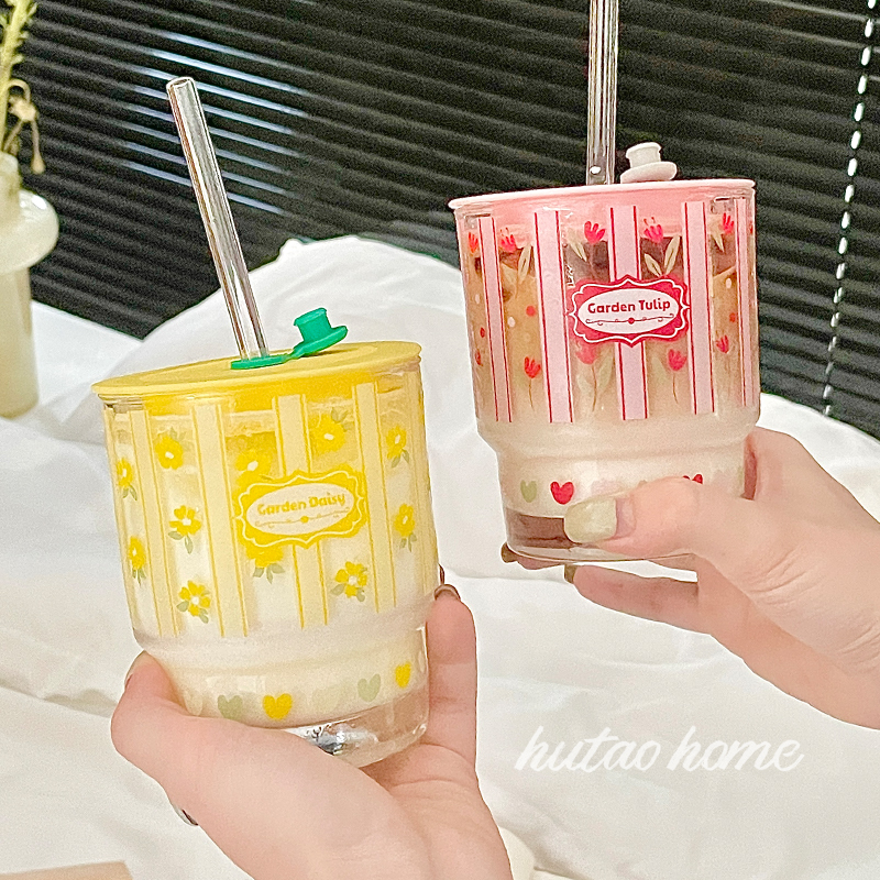胡桃集市 原创自制ins风少女心随身杯杯带盖吸管杯花朵玻璃杯粉嫩