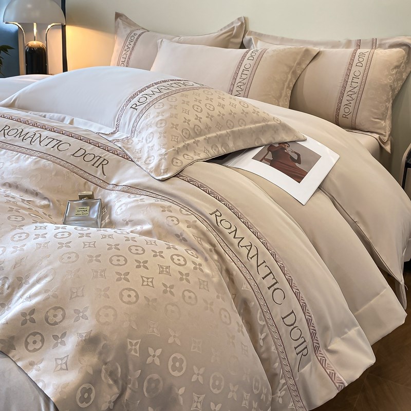 欧式冰丝四件套轻奢丝滑裸睡双面水洗真丝被套贡缎提花床单夏床品