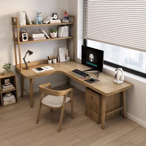 实木转角书桌书架一体组合定制学生写字台家用卧室拐角桌电脑桌
