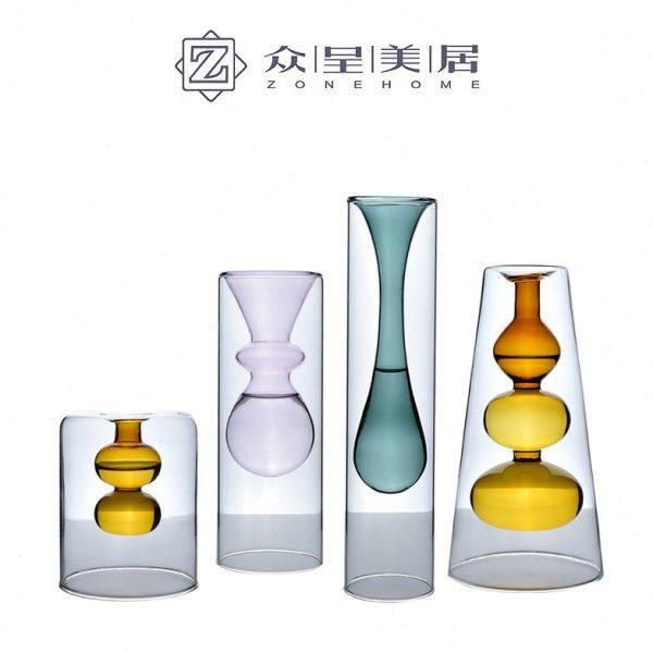 北欧现代创意糖果色双层玻璃花瓶售楼处摆件透明水培花器家居饰品