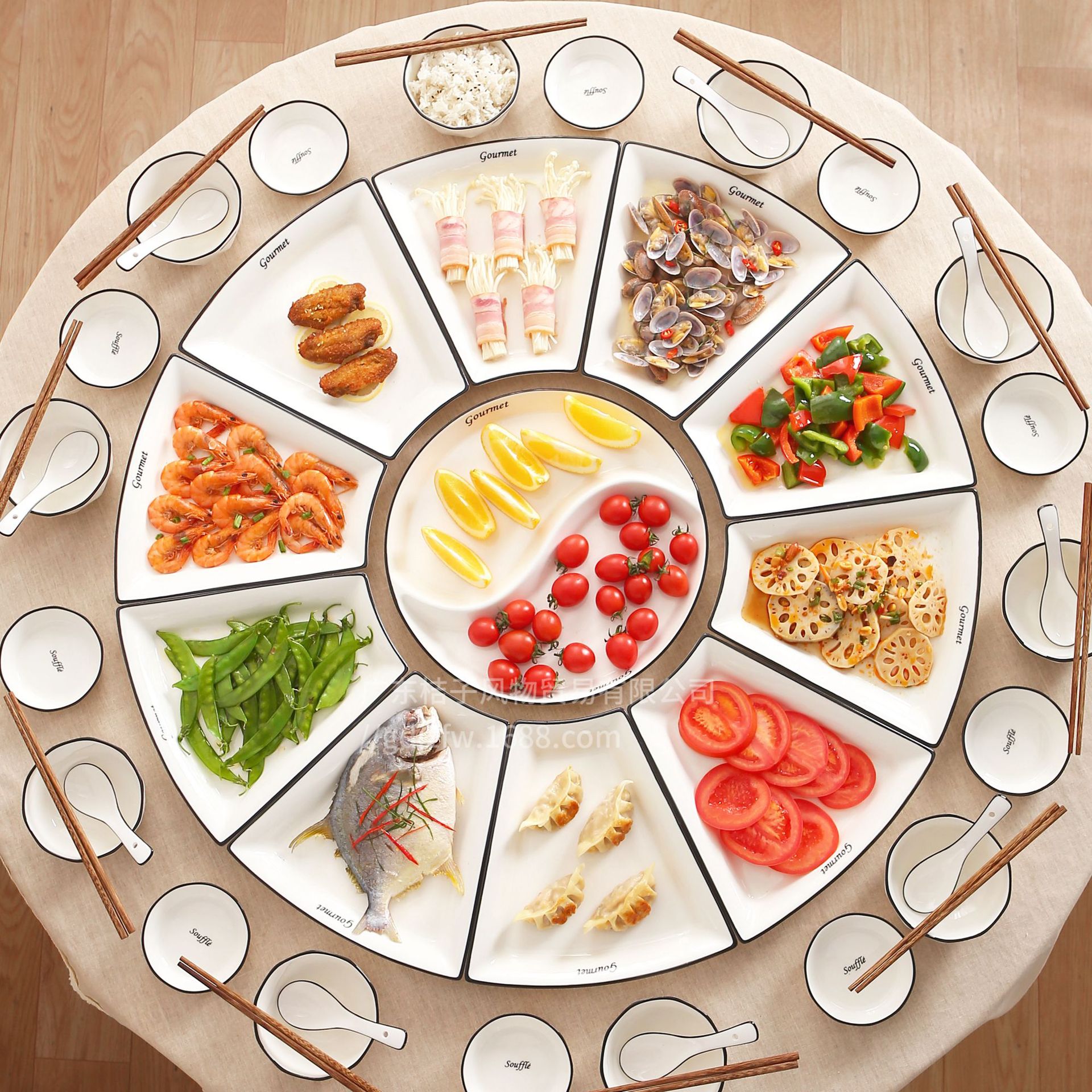 简约黑线扇形拼盘餐具组合年夜饭聚会圆桌菜盘子大号陶瓷团圆套装