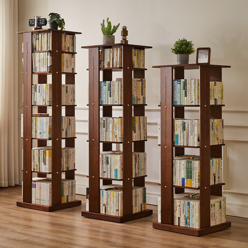 家逸实木移动旋转书架立式书架客厅转角置物架学生带轮落地书架