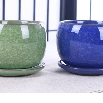 冰裂陶瓷多肉植物花盆创意简约肉肉带托盘防漏水花盆口径12cm大号