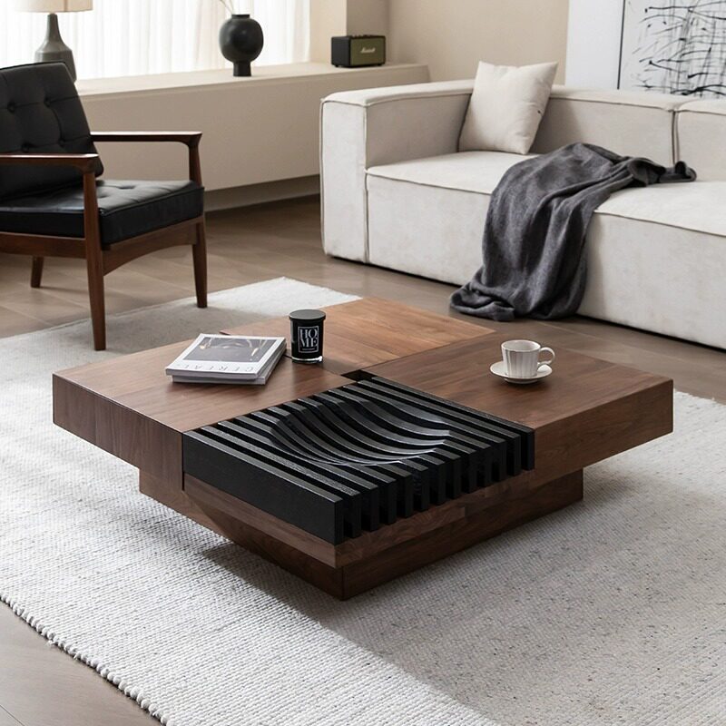 北美黑胡桃木茶几北欧现代简约客厅储物正方形实木茶几电视柜组合