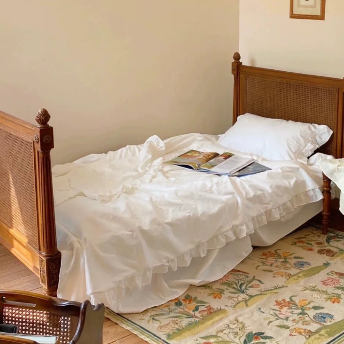 法式藤编实木床美式出口高端做旧复古高背公主床儿童床大床全实木