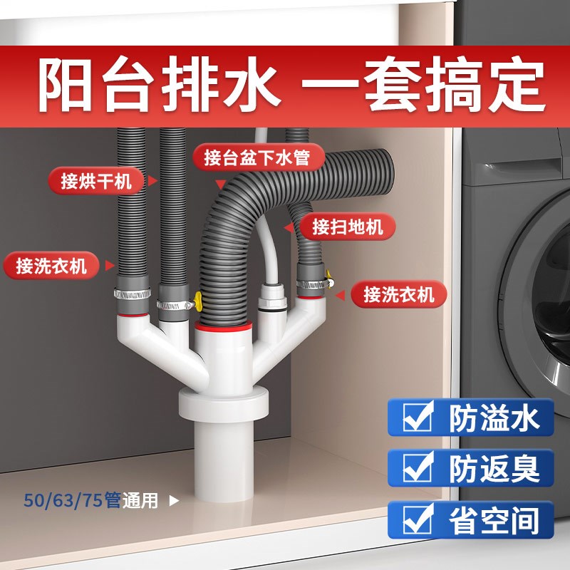 阳台洗衣机下水三头通分水器排水管道四通防U反水止逆阀接头