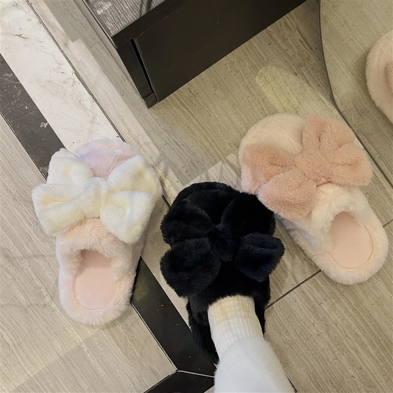 毛毛拖鞋女外穿秋冬厚底毛绒绒蝴蝶结时尚居家高级黑色包头棉拖鞋