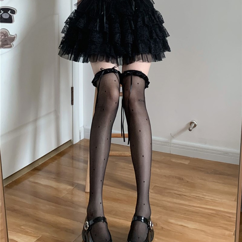 AY To films 夏日超薄任意剪高筒袜黑色波点飘带蝴蝶结花边过膝袜