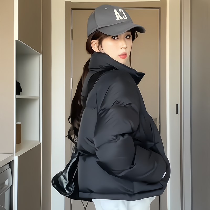 美式潮牌黑色短款立领羽绒服女2024冬装新款小个子加厚白鸭绒外套