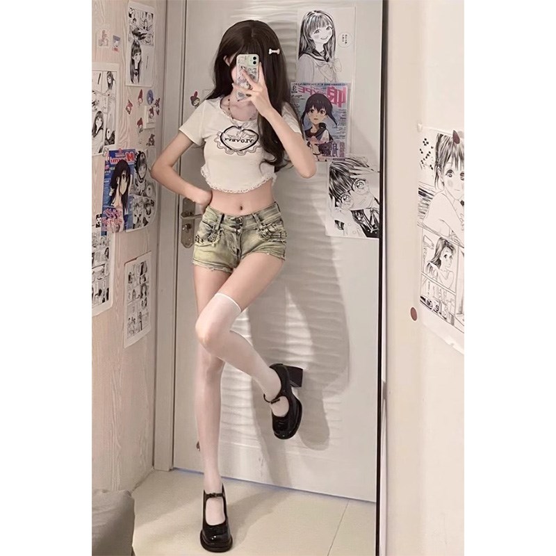 y2k辣妹复古低腰牛仔超短裤女夏季修身包臀热裤美式大码直筒裤子