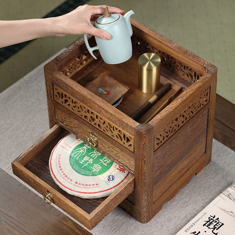 鸡翅木实木普洱茶盒多层储茶饼收纳盒中式高档抽屉式茶叶罐分茶盘