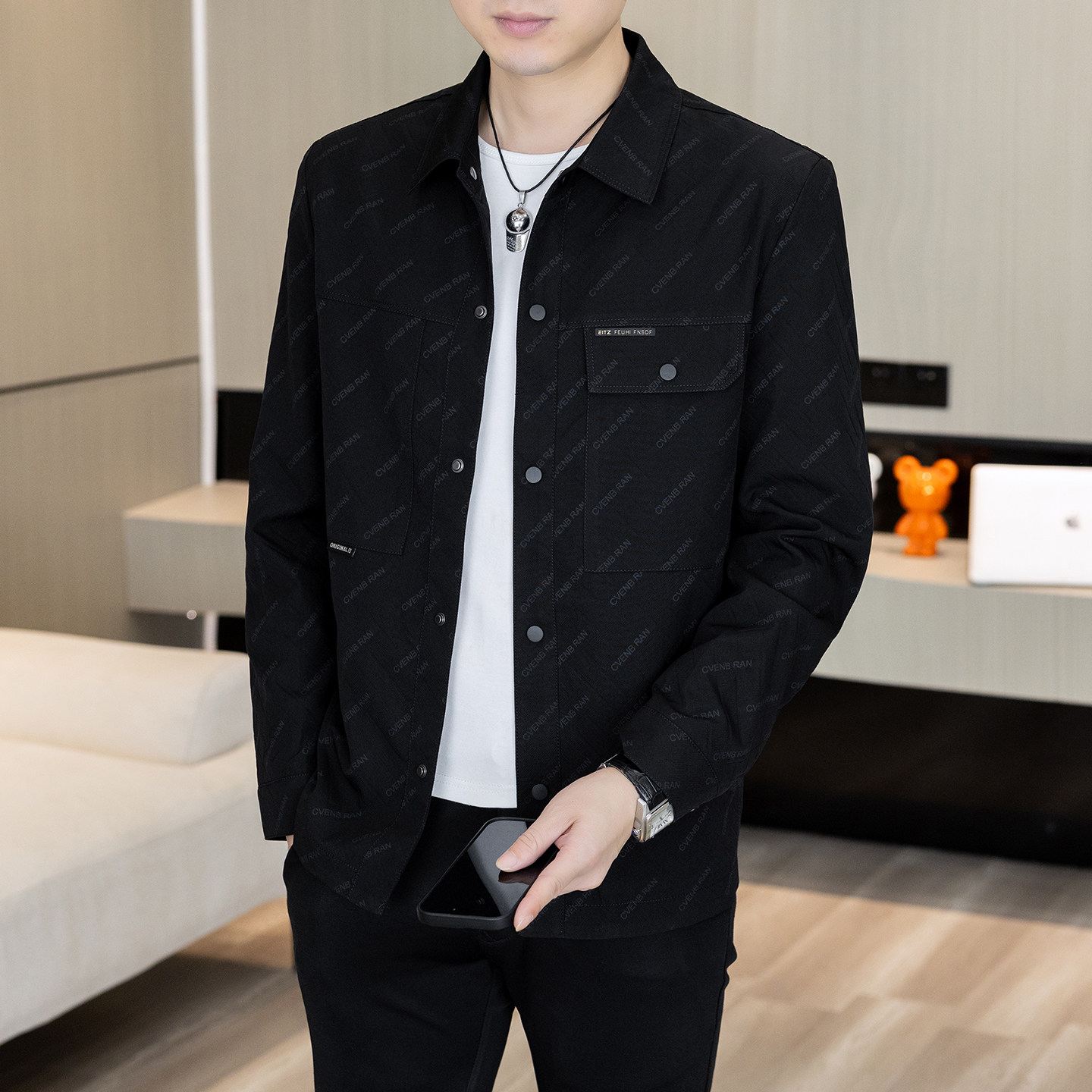 高端翻领夹克男轻奢帅气时尚印花休闲百搭高级感外套潮流男装上衣