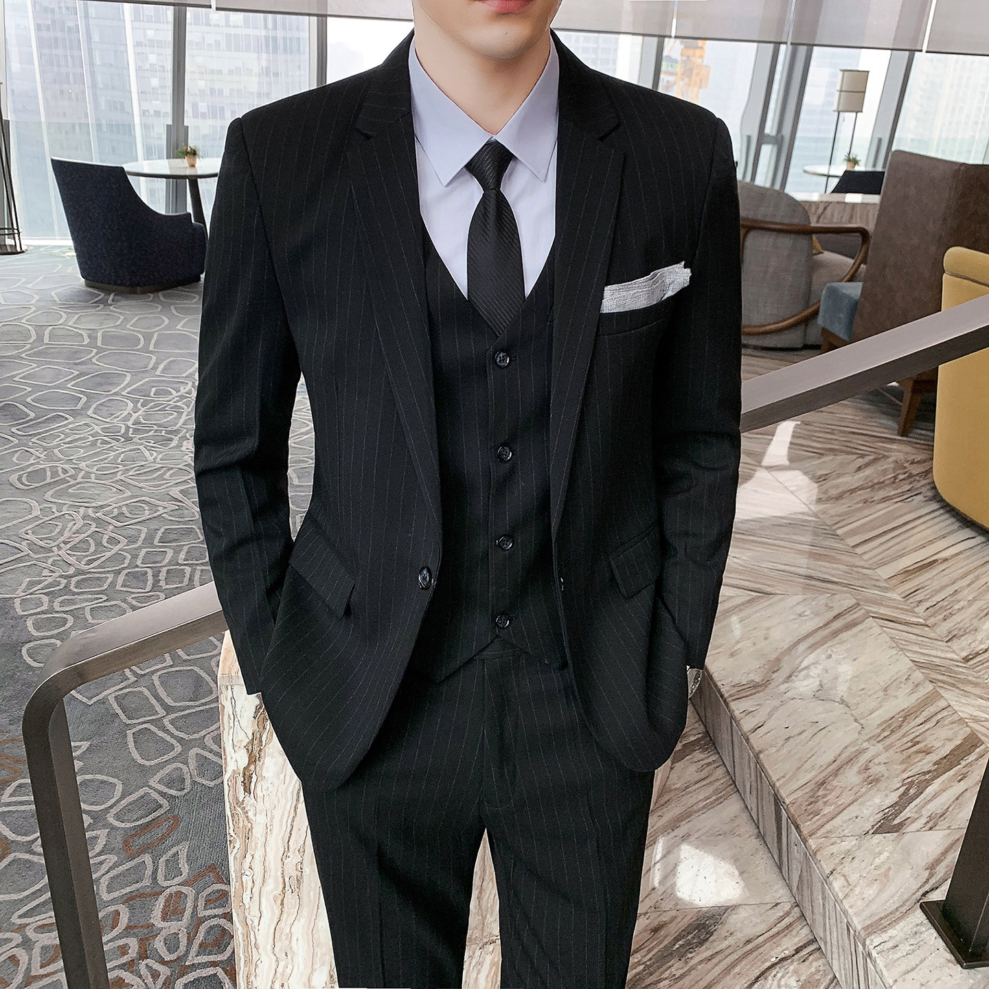 条纹免烫修身男士西装套装婚礼服