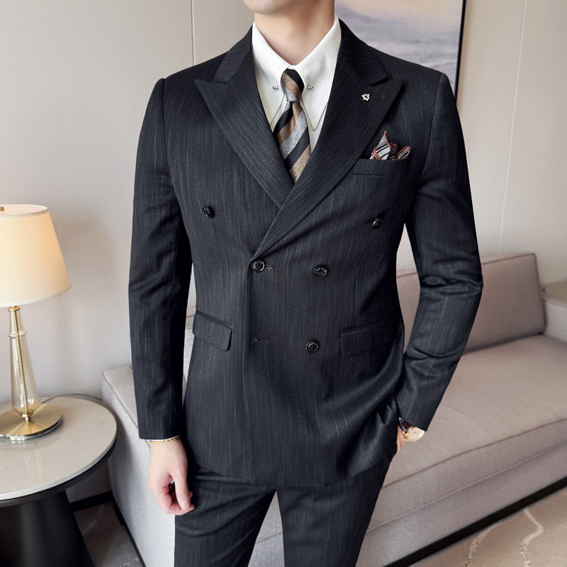 韩版修身条纹男士西装套装婚礼服