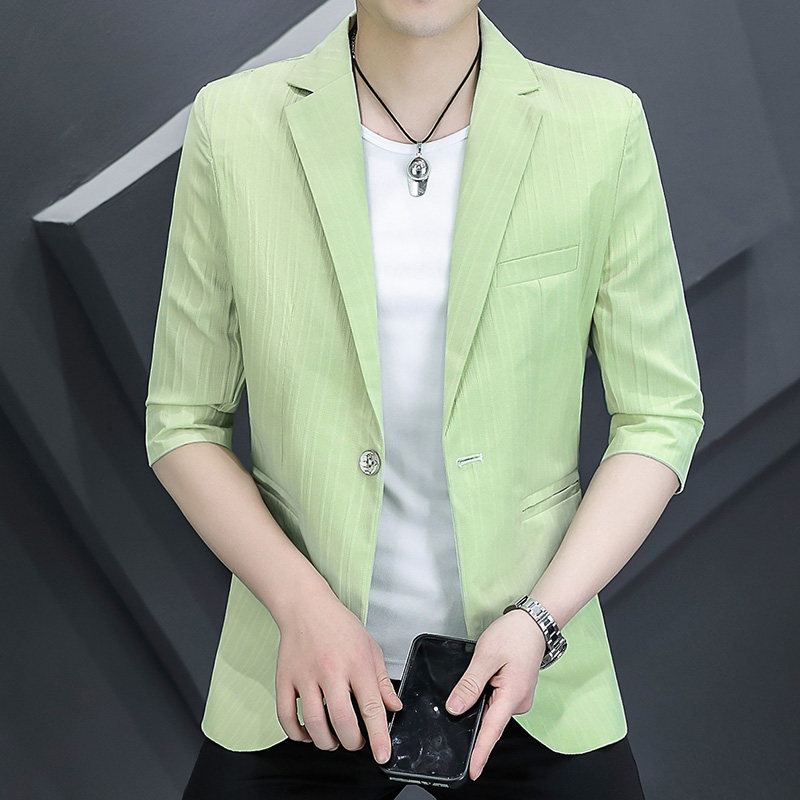 男士修身五分袖西服韩版潮流夏季薄款时尚帅气青年休闲小西装外套