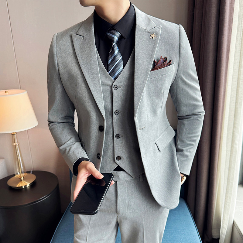西装三件套男士高级感韩版修身商务正装休闲西服套装新郎结婚礼服