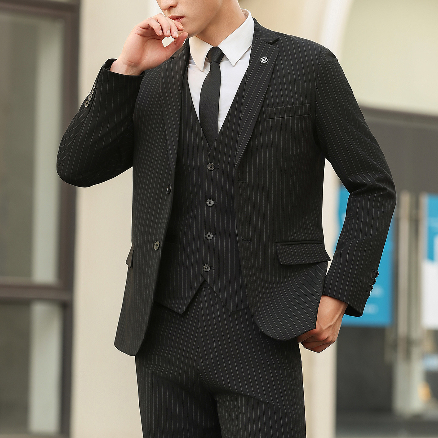 条纹西装男套装商务正装帅气新郎结婚礼服韩版修身休闲英伦风西服