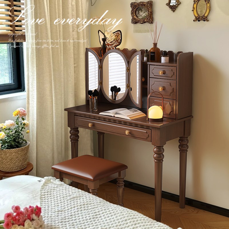 法式实木梳妆台卧室小户型t2025新款主卧中古风化妆桌化妆柜小型