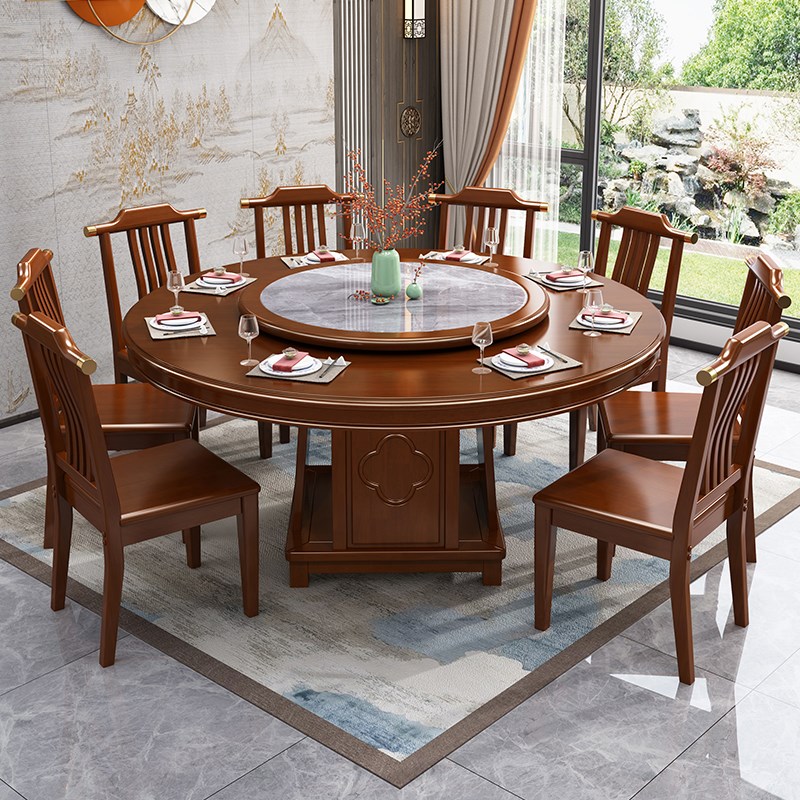 新中式实木餐桌12人家用大圆桌带内嵌岩板转O盘饭桌圆形桌吃饭桌
