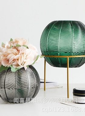 浮雕彩色圆球形花瓶带腿铁架子玻璃花瓶灰色小口圆形软装家具摆件