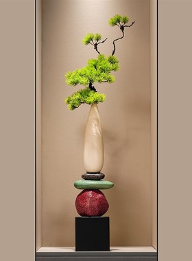 新中式石来运转花瓶摆件玄u关电视柜壁龛迎客松客厅办公室乔迁礼