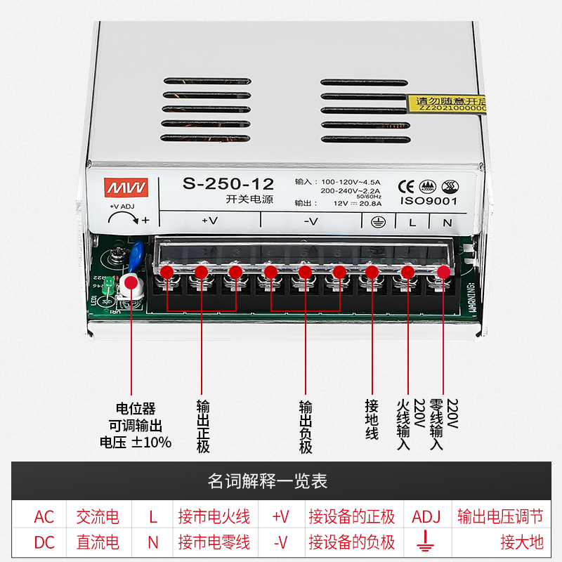明伟开关电源S-250W-12V20A监控LED摄像头集中供电工控AC转直流DC