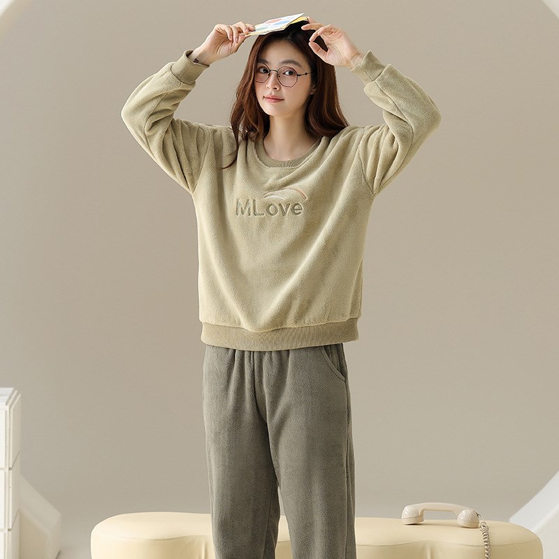 珊瑚绒睡衣女长袖套头抗静电海岛绒套装加K绒加厚保暖运动风家居