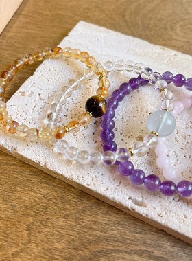 天然紫水晶手链6mm黄塔晶白水晶粉晶手串女款高级感清Z新甜美