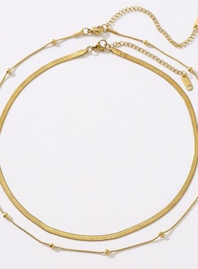 欧美冷淡风18K金钛钢不掉色项链女C 双层叠戴小众时尚颈链蛇骨链