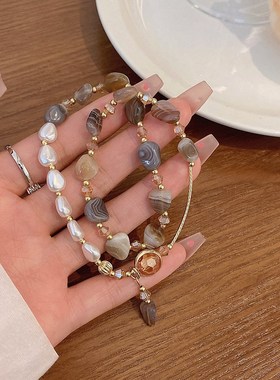 仿天然石b珍珠双层手链女轻奢高级感复古气质手串小众百搭手饰