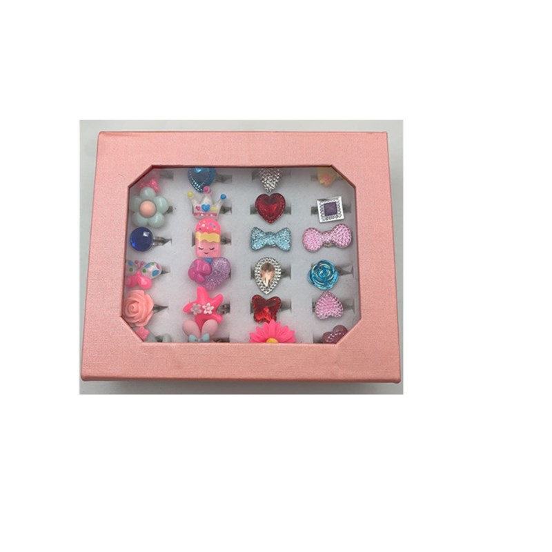 儿童卡通树脂戒指宝石戒指纸盒包装指环大U小可调节戒指