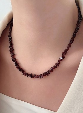 酒红玫瑰碎石项链小众q不规则颈链配饰女安可拉红复古不掉色毛衣