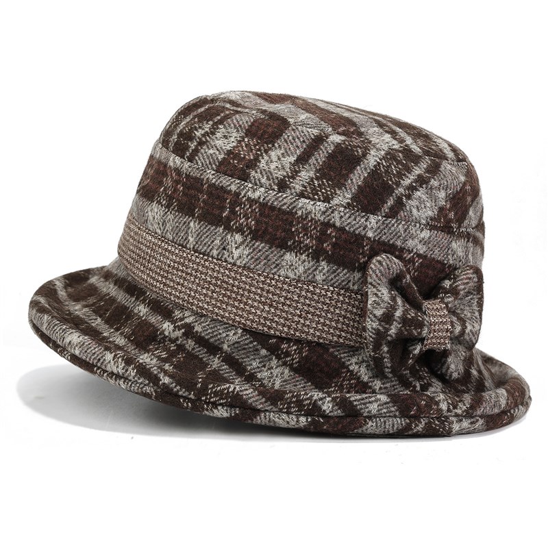 冬季渔夫帽加厚保k暖老太太格纹蝴蝶结帽子妈妈帽户外防寒盆帽跨