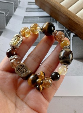 钱途无量藏式三眼珠超七金发晶金银山水T晶手串女虎眼石