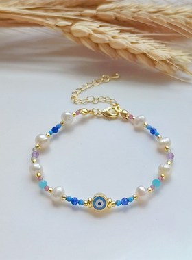 ins小众欧美民族风幸运蓝眼睛手D工编织天然珍珠串珠绿松石手链女