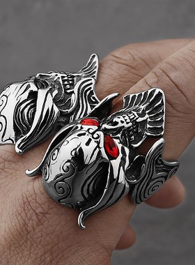 镶钻红眼狼牙骷髅钛钢戒指指环欧美G潮流男士不锈钢自行车手饰