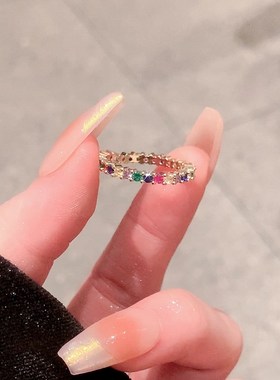 复古彩虹宝石戒指女小众高级素圈锆D石开口戒指饰品钻戒尾戒托