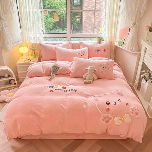 冬季保暖牛奶绒四件套双面绒加厚被套床单珊瑚绒法兰绒公主风卡通
