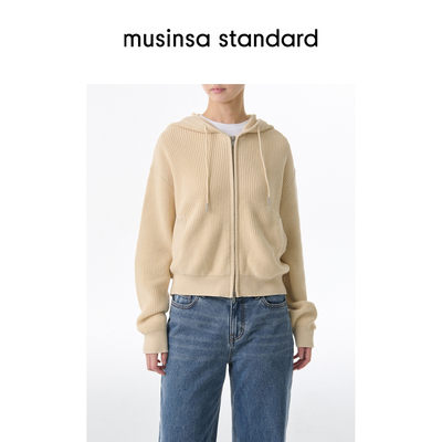 女士秋季罗纹连帽拉链针织开衫