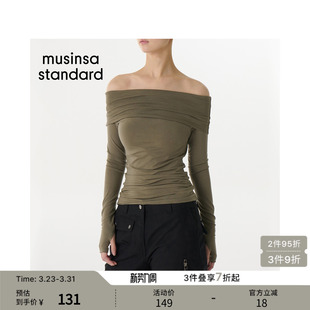 standard T恤musinsa 韩国春季 女士翻折露肩一字领纯色简约长袖