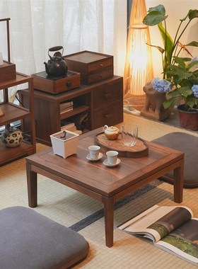 飘窗桌新中式小炕方q桌黑胡桃木榻榻米禅意日式阳台矮桌