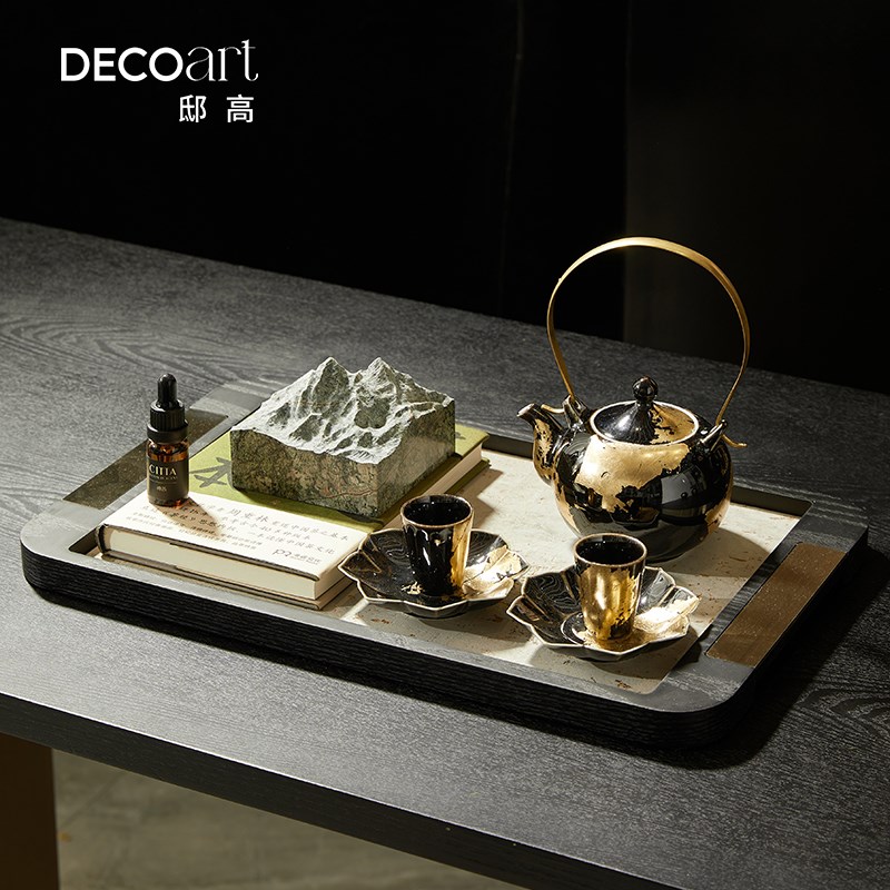 新中式样板房售楼处会客厅茶几托盘香薰创意陶瓷茶U具花瓶插花摆