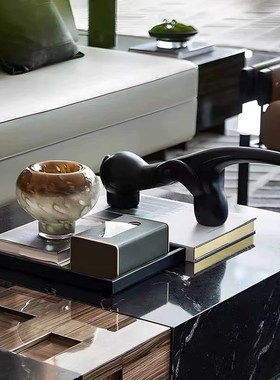 现代新中式洽谈区桌面纸巾盒托盘C花器创意摆件桌面书房装饰样板